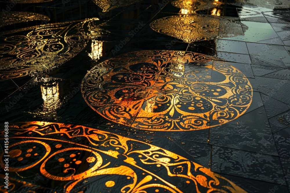 Aufkleber a close-up view of a wet, paved surface with intricate gold patterns, illuminated by light reflectin