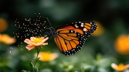 Fototapeta premium Monarch butterfly macro photography detailed wings yellow flower nature stock image