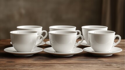 Fototapeta premium Minimalist coffee tableware white ceramic coffee cups and saucers set with espresso cups, latte mugs, and cappuccino pieces arranged elegantly, showcasing refined white ceramic coffee cups and saucers
