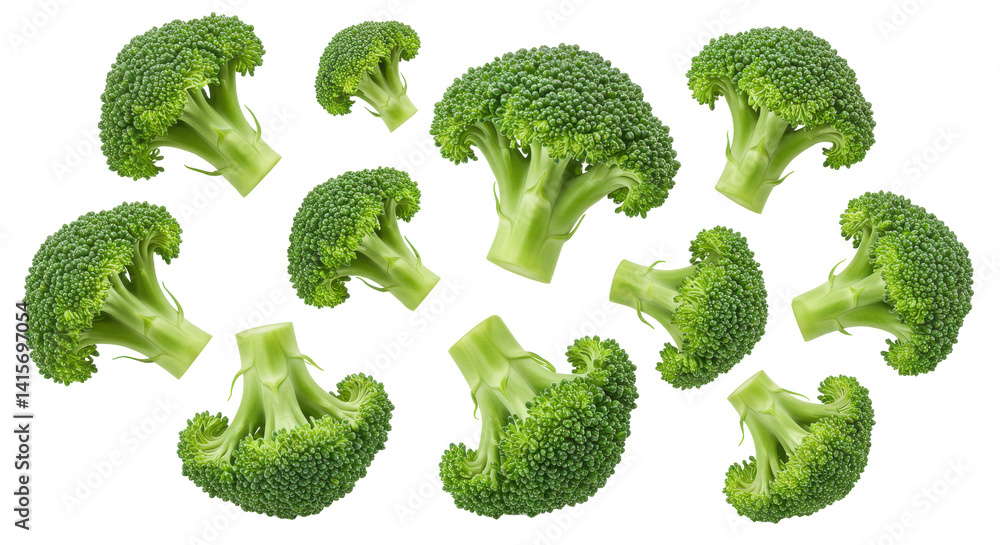 Poster a collection of broccoli florets scattered against a black background in a random arrangement
