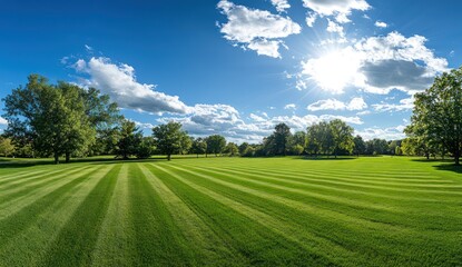 Obraz premium Green field with trees under a blue sky and clouds on a sunny day.