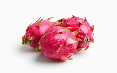 Three vibrant pink dragon fruits are arranged on a pristine white background. The fruits are slightly clustered together, showcasing their unique texture and color.  High-key lighting enhances the