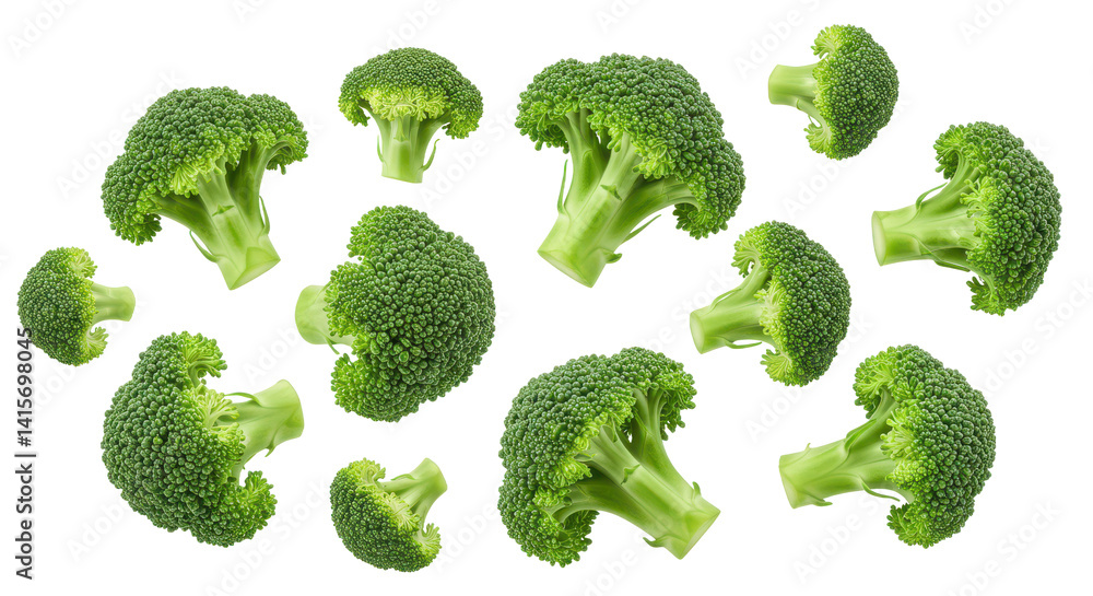 Poster scattered broccoli florets on a black background showing fresh green vegetables in a pattern layout