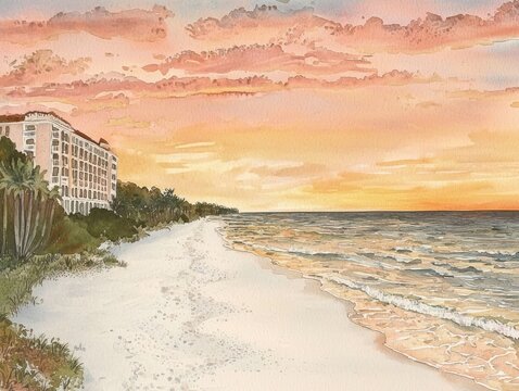 Watercolor Beach Scene at Sunset: Coastal Resort and Dramatic Sky in Shades of Orange and Pink