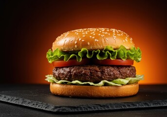 Delicious Gourmet Burger with Fresh Lettuce, Tomato, and Sesame Seed Bun on Black Slate. Perfect for Restaurant Menus.