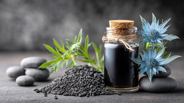 Black cumin oil bottle with Nigella sativa seeds and flowers. Dark oriental background with space for advertising text