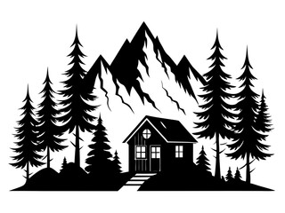 Obraz premium Small Home Mountain Forest Silhouette Vector | Cozy Cabin & Nature Scene SVG Icon for Crafts & Decor