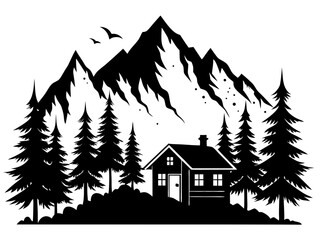 Small Home Mountain Forest Silhouette Vector | Cozy Cabin & Nature Scene SVG Icon for Crafts & Decor