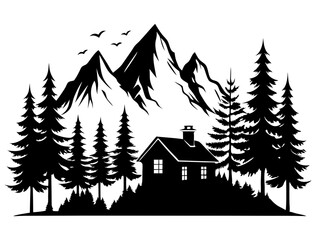 Obraz premium Small Home Mountain Forest Silhouette Vector | Cozy Cabin & Nature Scene SVG Icon for Crafts & Decor