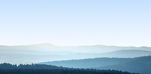 Fototapeta premium Layered Blue Mountain Ranges in Morning Haze Over Water.