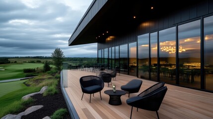 Obraz premium Modern outdoor patio overlooking a golf course at sunset
