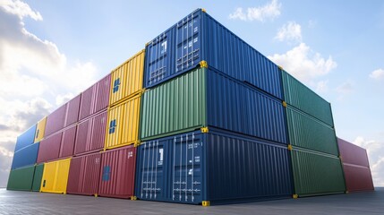 Stacked 40-foot shipping containers in vibrant colors. Photorealistic image ideal for logistics and transportation advertising