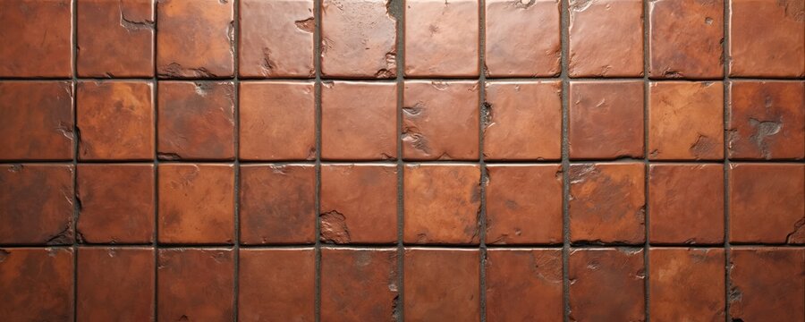 Terracotta floor tile texture background, brown square tiles with rough, rustic edges. Cement, ceramic, brickwork. Ideal for interior design, home decor, bathroom, kitchen, flooring, wallpaper.
