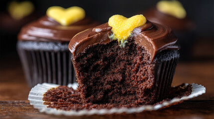 Close-up of chocolate cupcake with chocolate frosting and yellow heart-shaped topping, a bite taken out, showcasing rich texture and decadent detail.  Suggests indulgence and sweetness