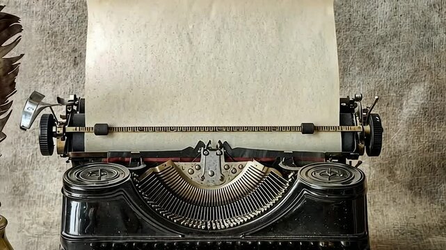 Vintage typewriter with blank paper and quill