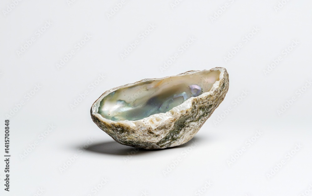 Poster abalone shell with iridescent interior levitates on a solid white background. the lighting is soft a