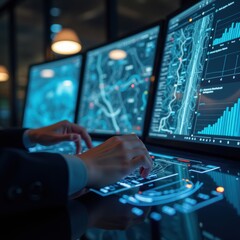 Digital traffic control panel with live maps and analytics, operator&rsquo;s hands adjusting controls, emphasizing advanced traffic management technology.