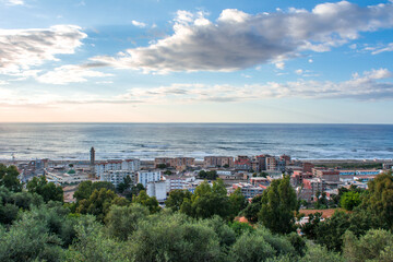 Small village with morning in state of Jijel, Algeria, rural village, A beautiful Mediterranean village in North Africa, Algeria from above, A small town overlooking the Mediterranean sea.