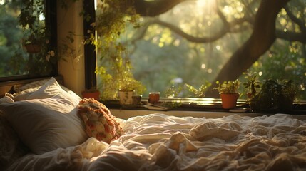 Cozy bed with a view of nature outside