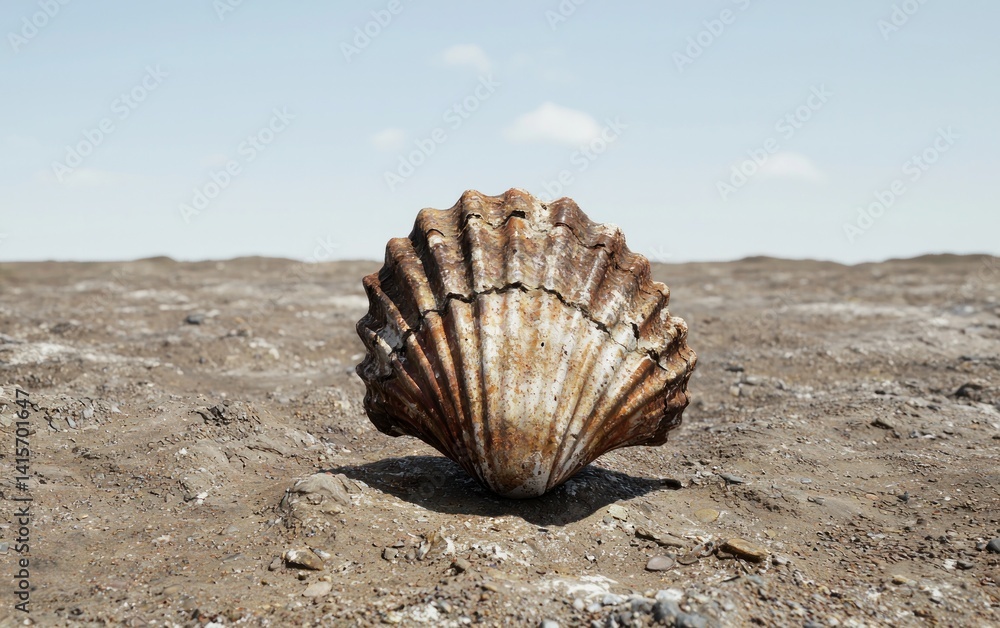 Poster a fossilized seashell rests on a desolate, sandy landscape under a clear sky. the shell shows signs 