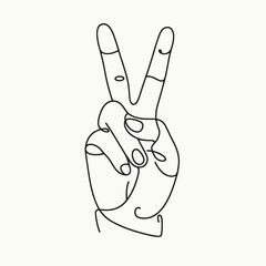 Hand making peace sign in minimalist line art style  