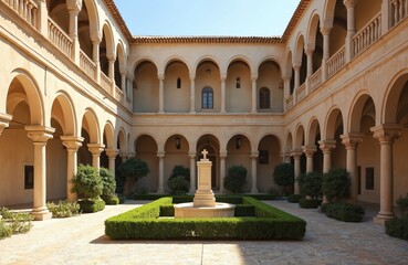 Fototapeta premium Picturesque view cloisters Holy Cathedral El Salvador Orihuela Spain. Historic architecture, arched colonnade courtyard, old European town. Sunlit religious building, cultural heritage landmark.