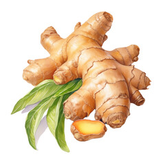 Watercolor painting of ginger root isolated on transparent background.