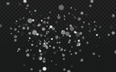 A flurry of soft white bokeh lights drifts across a transparent dark checkered background. The blurred circles of varying sizes create a gentle and ethereal atmosphere, like falling snow or magical sp