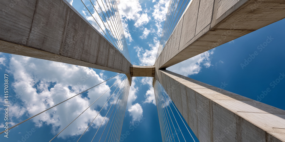 Poster Low-angle view of a concrete bridge structure against a blue sky with clouds, showcasing architectural design and engineering, symbolizing strength, connection, and infrastructure