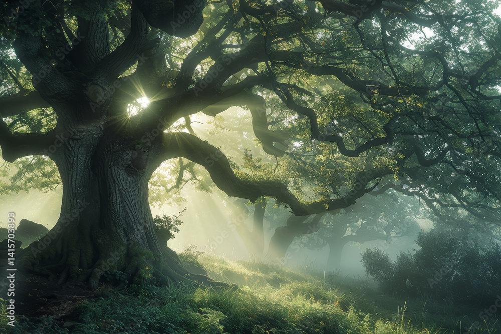 Poster a misty forest scene with sunlight filtering through the trees, creating a tranquil atmosphere, a mi