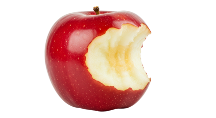 Bitten red apple with a missing bite showing fresh fruit texture close up