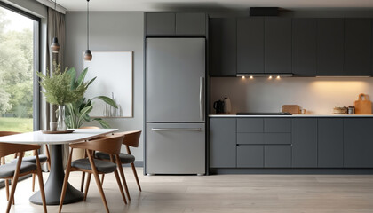 Modern kitchen with grey refrigerator. Grey cabinet door features silver accents. Dining table, chairs, interior design. Clean apartment with kitchen appliances. Elegant, simple design.