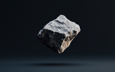 Black and white stone levitates against a dark background. The cube-like shape has a rough texture with contrasting light and dark areas.  Minimalist and surreal aesthetic