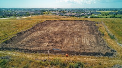 Large plot of land ready for construction in suburban neighborhood