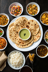 aromatic flatbreads served with assorted side dishes and a vibrant green sauce