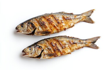 Two grilled fish on a white background. The fish are arranged parallel to each other. The image is simple and clean