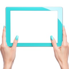 Hands Holding a Blank Tablet with Turquoise Frame and Light Background