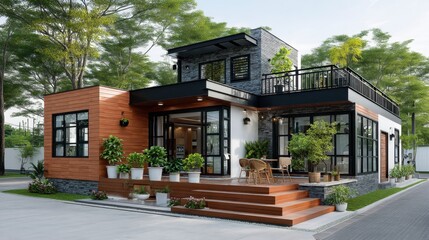 Fototapeta premium Modern eco-friendly house with wood accents and spacious outdoor patio area