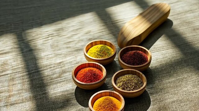 Assorted spices in small wooden bowls