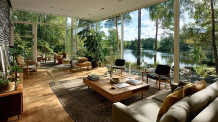 Fototapeta premium Modern Glass-Walled Living Room Overlooking a Serene Lakeside Forest View