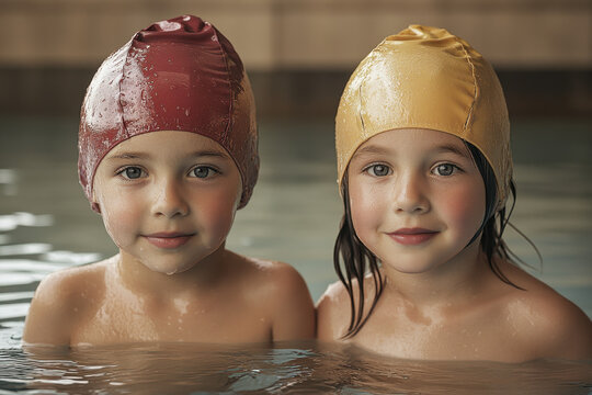 children in pool with swimming caps, joyful expressions.