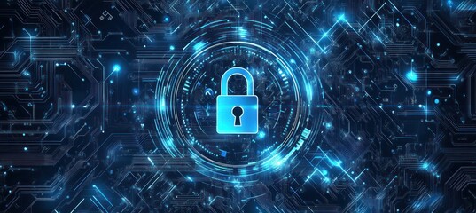 Blue padlock icon surrounded by glowing network connections on a dark background.