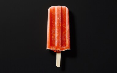 Melting red popsicle on a black background. The popsicle is positioned centrally and shows a drip of melted ice cream. The image has a simple composition