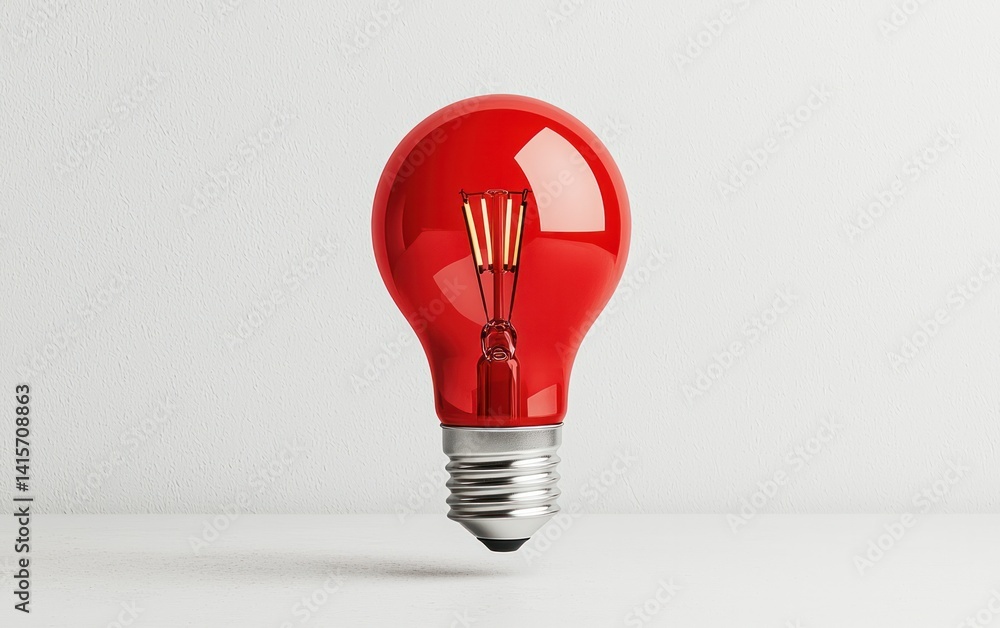 Poster red lightbulb levitating against a white textured background. the image is clean and simple with a f