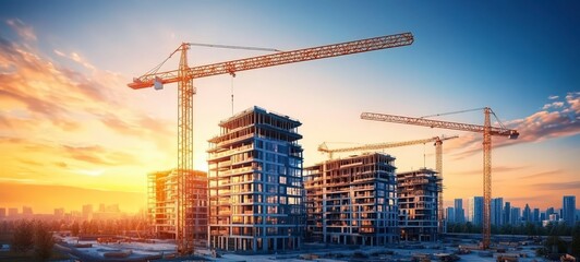 Fototapeta premium Sunset over a city skyline with cranes building high-rise structures.