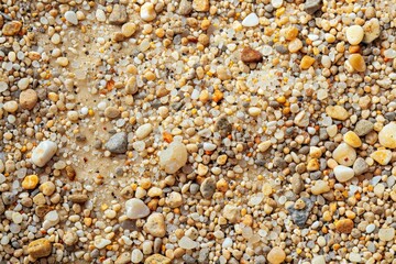 Close-up view of sand and small pebbles on a beach, including topaz, Fine granules of sand intermingling with coarse gravel