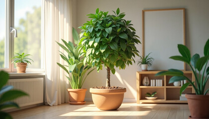 Fototapeta premium Indoor potted tree with lush green leaves in a bright room 