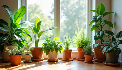 Fototapeta premium Indoor plants in pots near window with natural light 