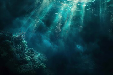Fototapeta premium A haunting and surreal view of an underwater abyss with a deep blue, topaz-like hue, The eerie beauty of a deep-sea abyss