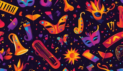 colorful masks, confetti, and festive musical instruments in bold colors like purple, reds, and yellows,l